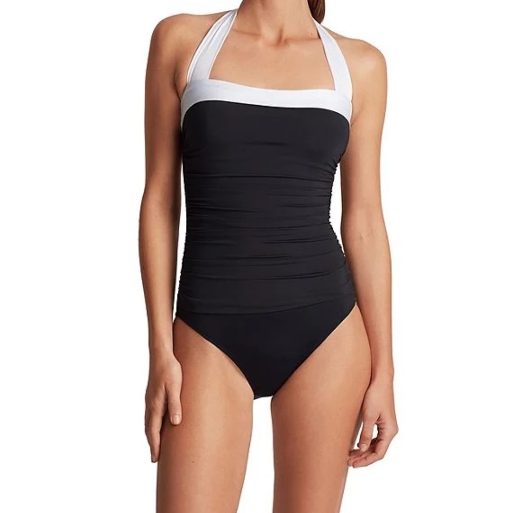 Ralph Lauren Bel Aire Shirred Contrast Trim Bandeau One-Piece Swimsuit – Elegant